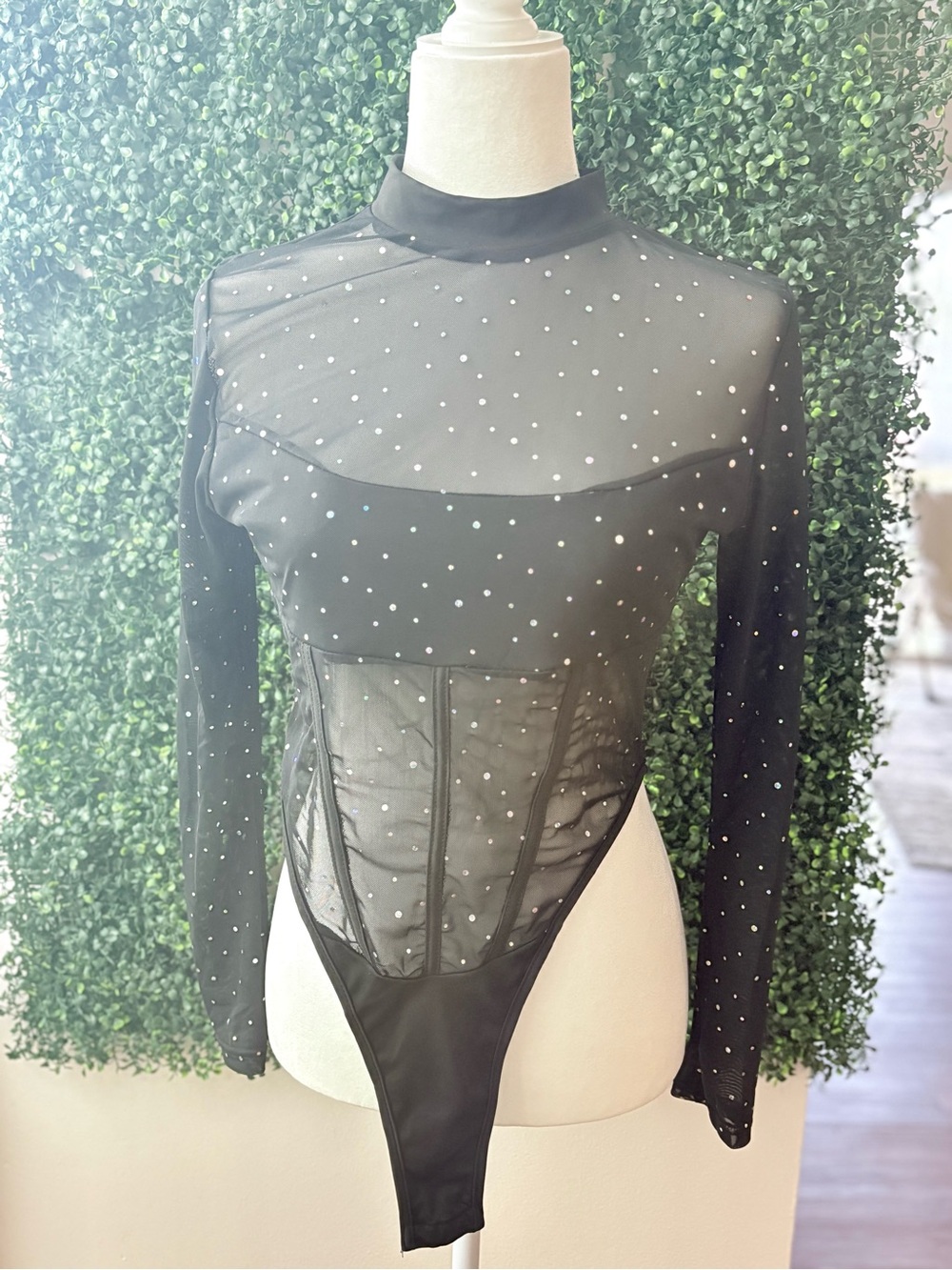 Black Sheer Rhinestone Long-Sleeve Bodysuit